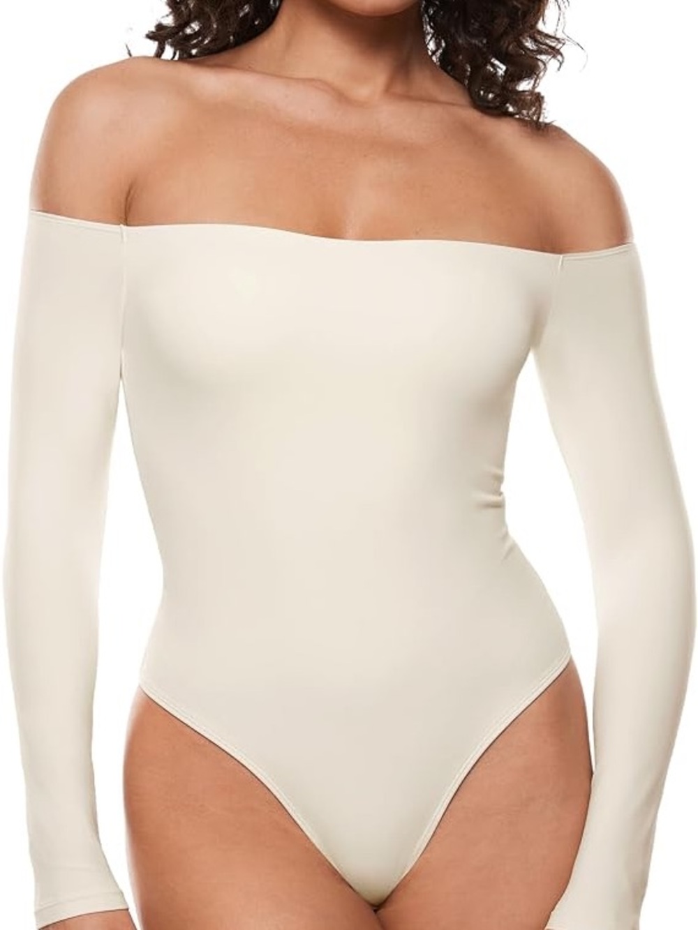 Inlyric Off-the-Shoulder Cream Long Sleeve Bodysuit